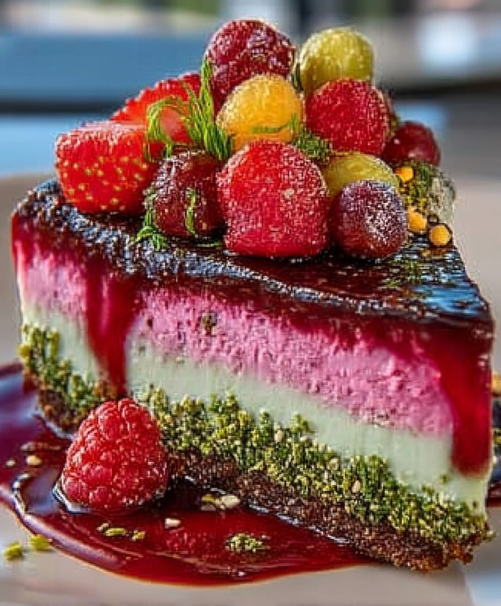 Elegant Pistachio Raspberry Crunch Cheesecake image 2